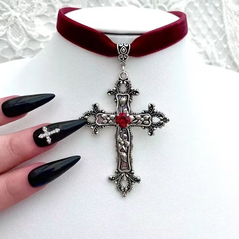 Gothic Cross Necklace Velvet Stringing Ring Punk Rock Niche ins Design ...