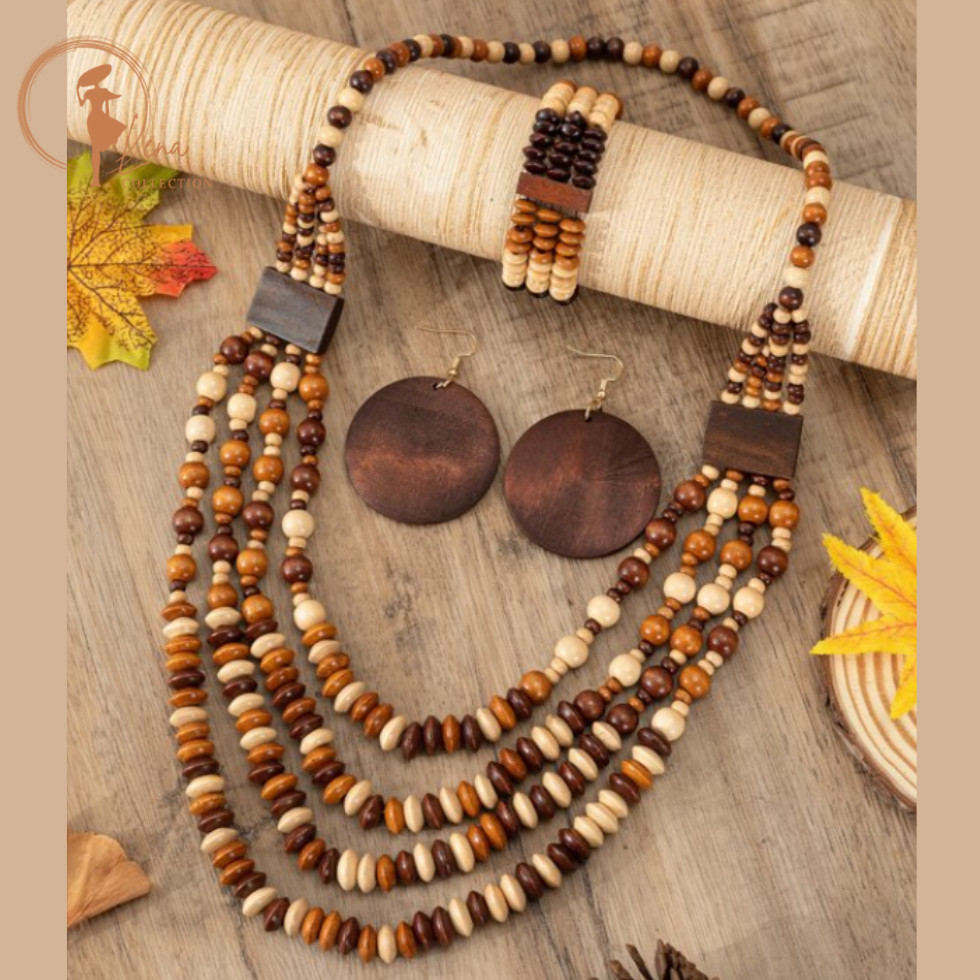 4pcs set Bohemian Wood Round Decor Earring Necklace Bracelet Jewelry
