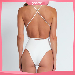 Women One Piece Swimsuit Solid Color Shiny Waist Strap Thong