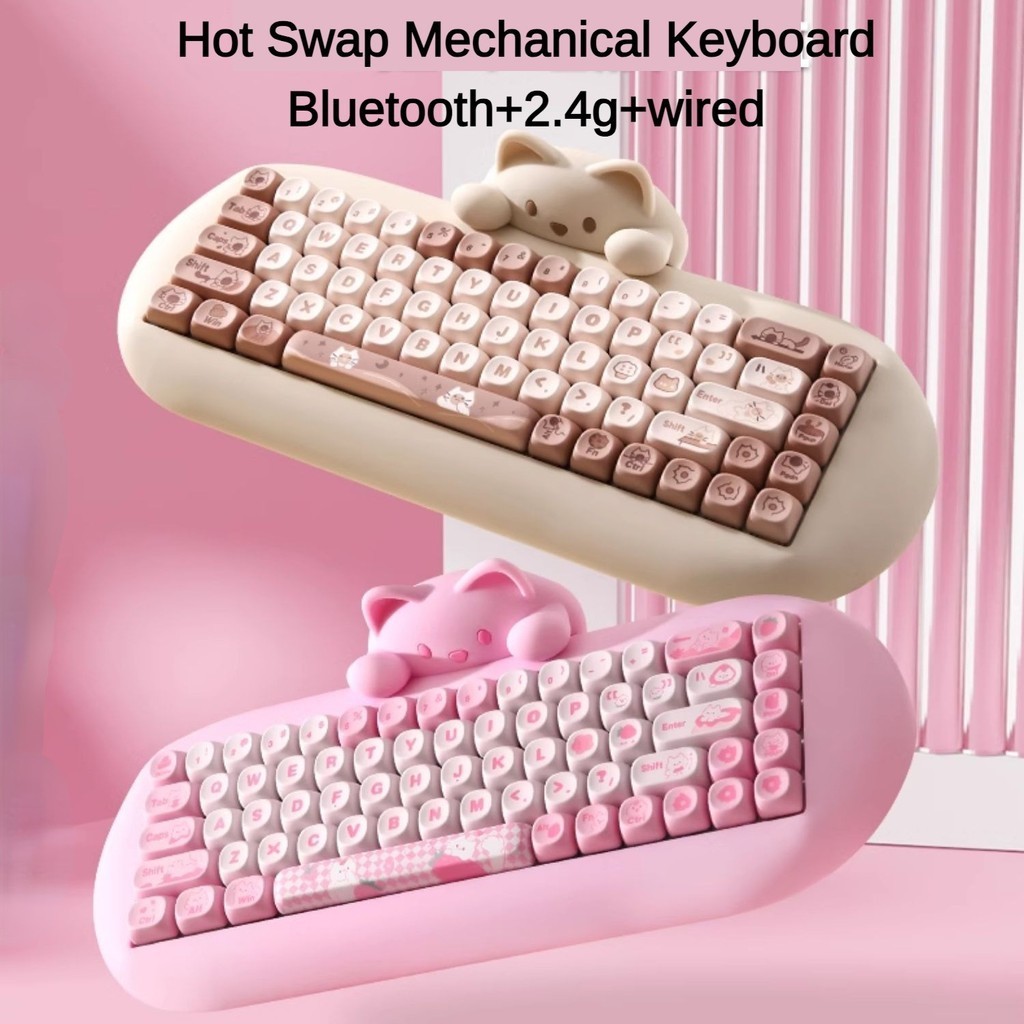 Pink Cute C68 Cat Silicone Keyboard Three-mode Bluetooth 2.4g Wired Hot ...