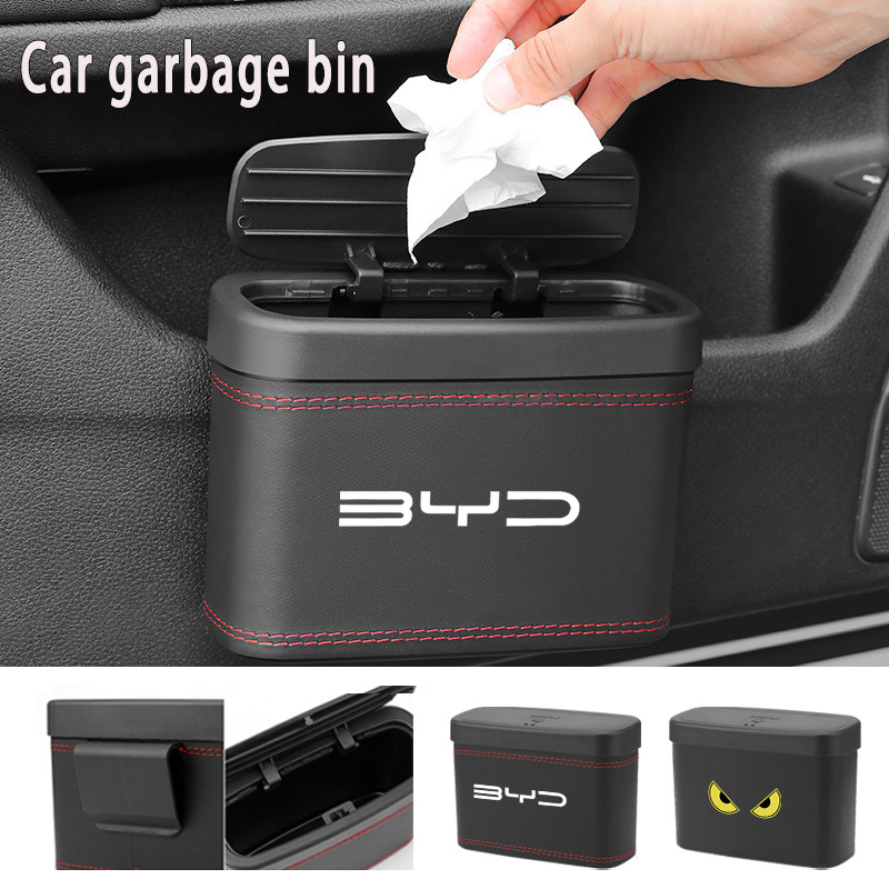 BYD Car Trash Can Bin with Lid Small Leakproof Car Mini Leather Garbage ...