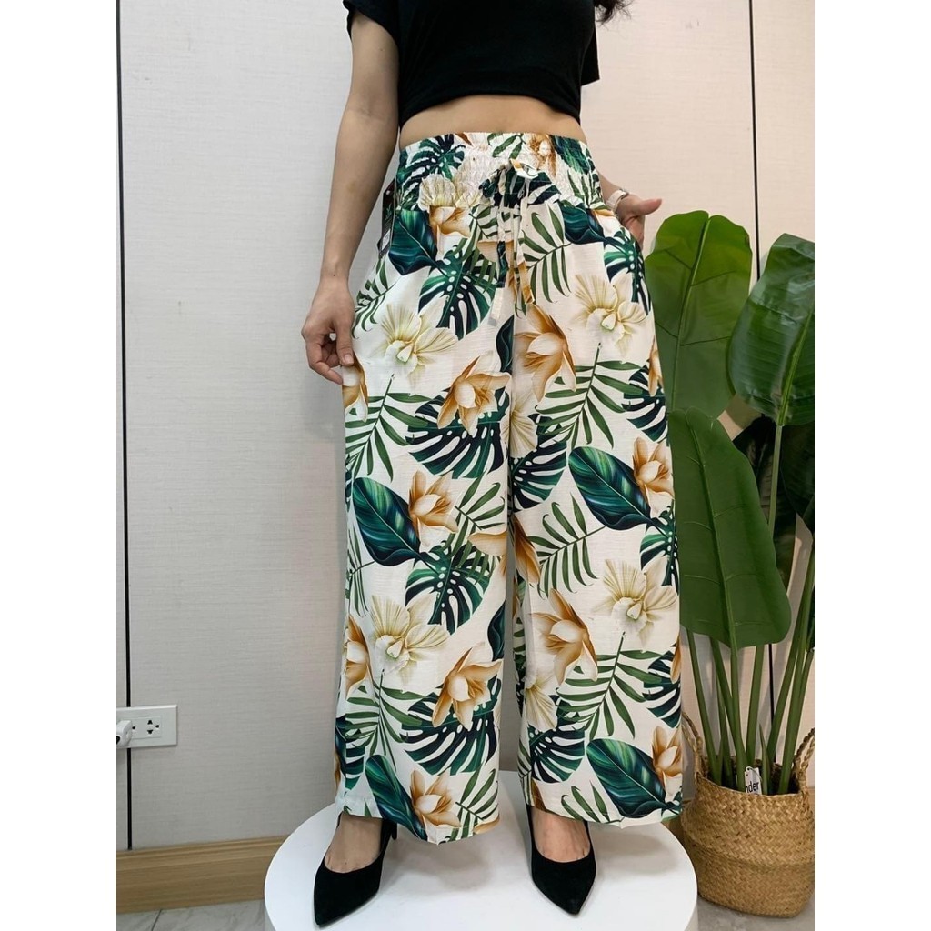 Bohemian beach style printed patterncotton women s fashionable elastic waist straight wide leg pants Shopee Philippines