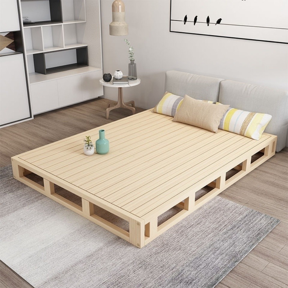 Solid Wood Hardboard Double Bed Frame Floor Bed Japanese Style Low Bed