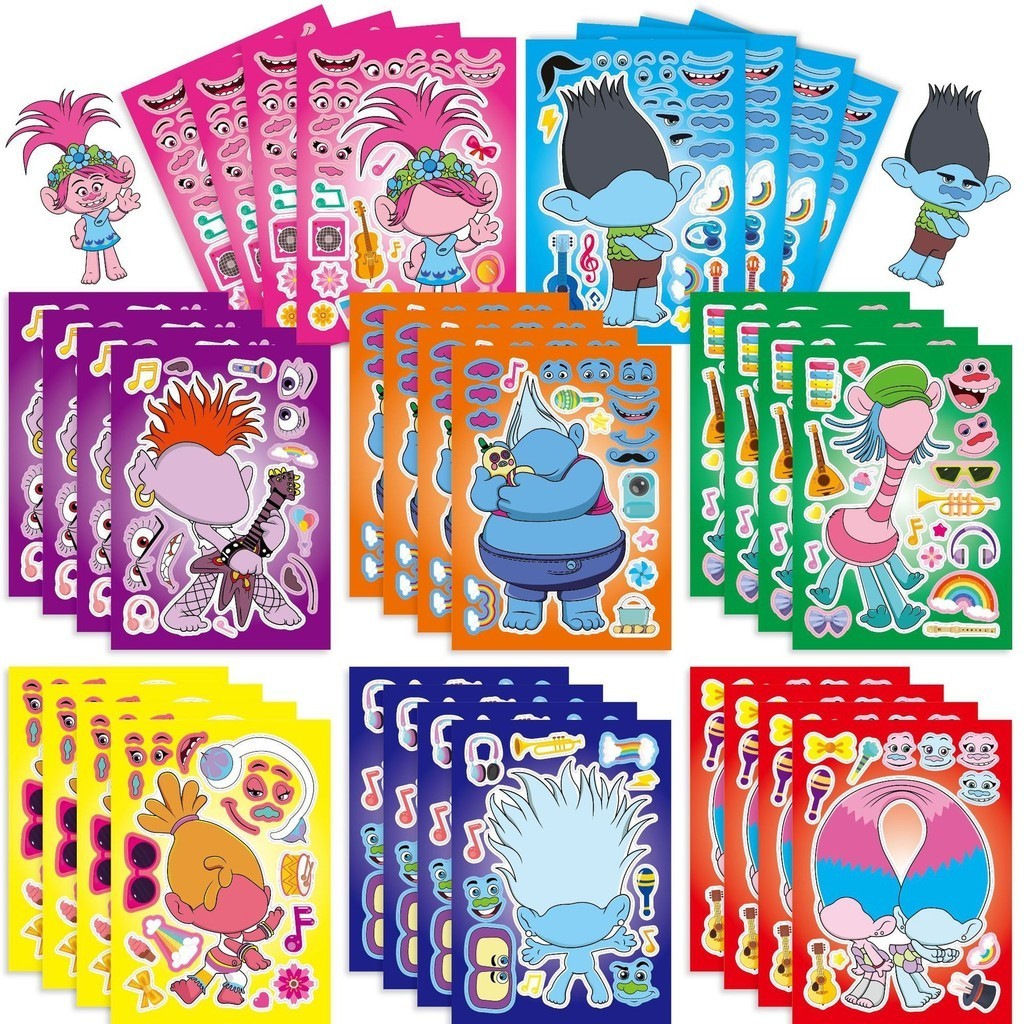 16 Sheets/Pack Movie Trolls Make Your Own Face DIY Puzzle Sticker Kids