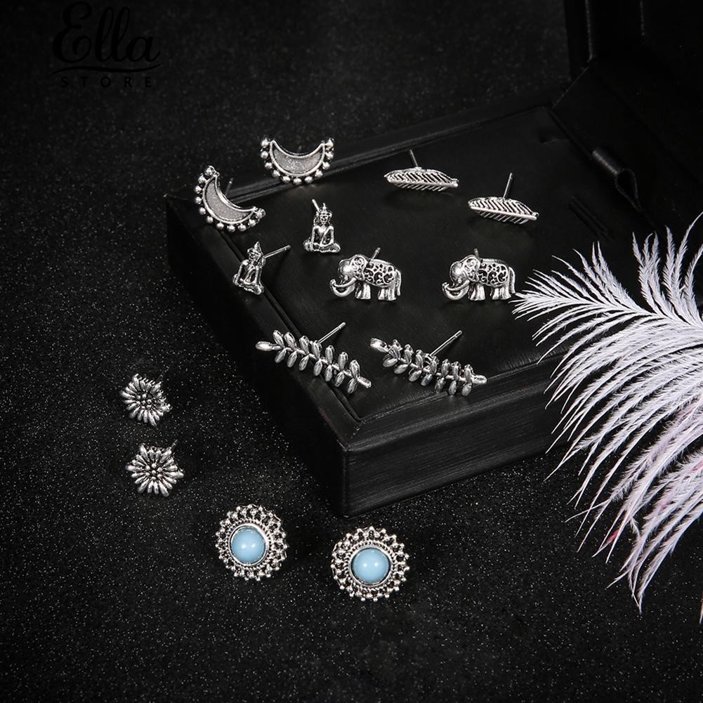 Ellastore Pairs Earrings Set Boho Elephant Flower Feather Buddha Ear