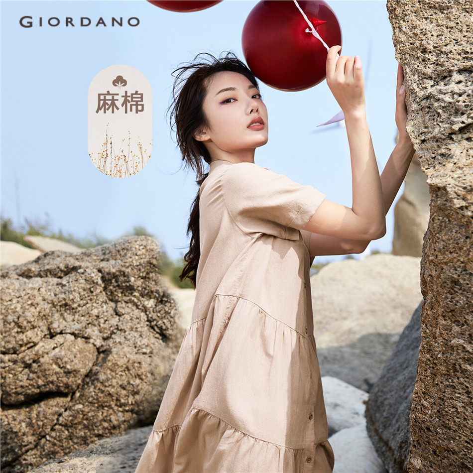 GIORDANO Women Linen Cotton Short Sleeve Tiered Dress 05463349