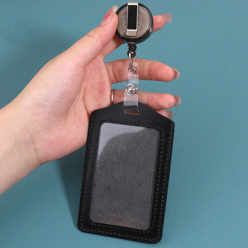 Portable Telescopic Buckle ID Card Case School Office Classic Black PU ...