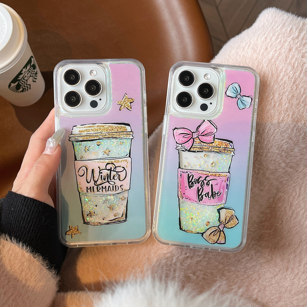 Pink Bow Coffee Cup ins Style Quicksand Luminous iPhone Case for iPhone ...