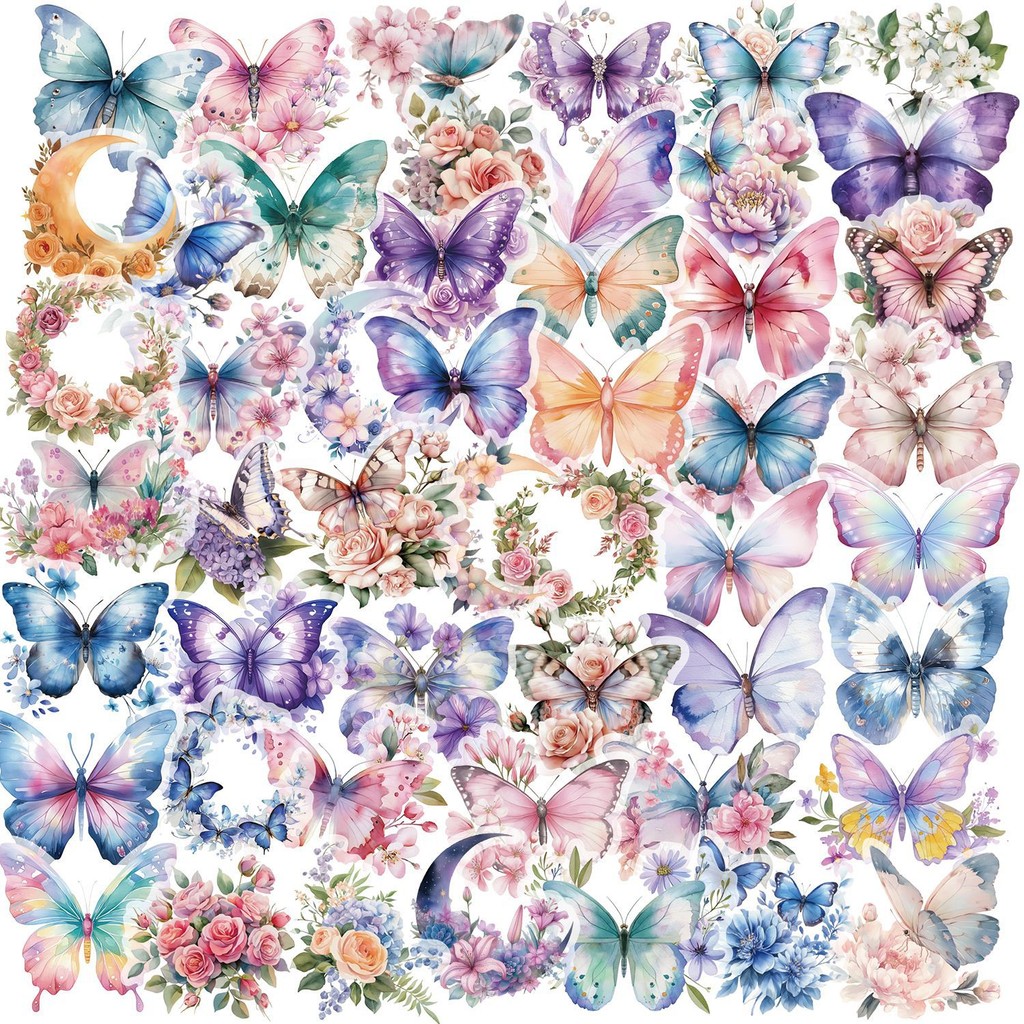 50 Sheets INS Colorful Butterfly Sticker Pack Waterproof Transparent ...