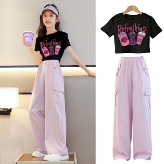 3-14 Years Old OOTD Terno Set for Girls Ice Silk Wide Leg Cargo Pants ...