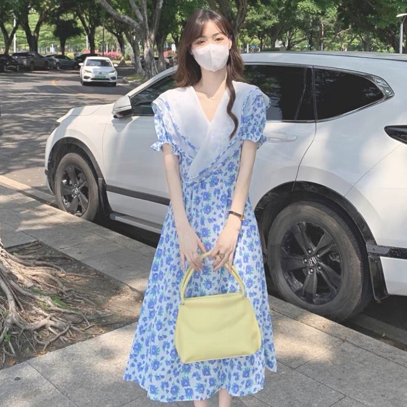 Floral Korean Version v-Neck Ruffled Laced-Up Narrow-Waisted 2024 Korea ...