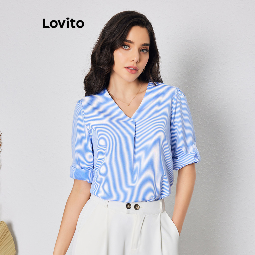 Lovito Women Elegant Striped Pleated Button Blouse LBL08023 | Shopee ...