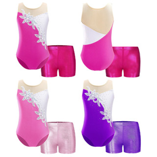 YEAHDOR Kids Girls 2 Piece Dance Gymnastics Outfit Suit Metallic Leotard  with Athletic Shorts Rose 12 