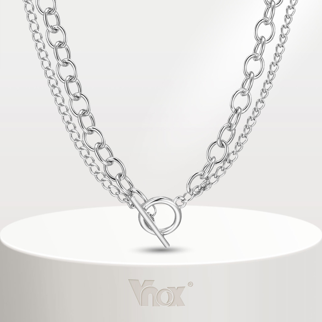 Vnox Fashion Double Layer OT Button Men's Necklace, Non Fading Silver ...
