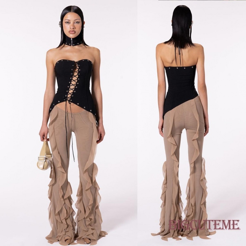 []-Women´s Ruffled Flare Long Pants Solid Color Low Rise Stretch Bell ...