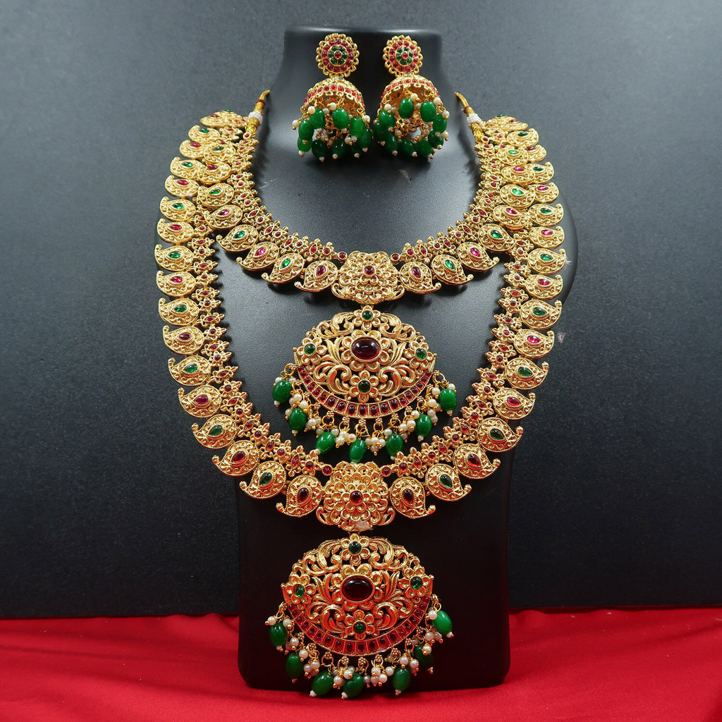 Premium Matte Gold Combo Flower Necklace Set Rantai Panjang indian ...