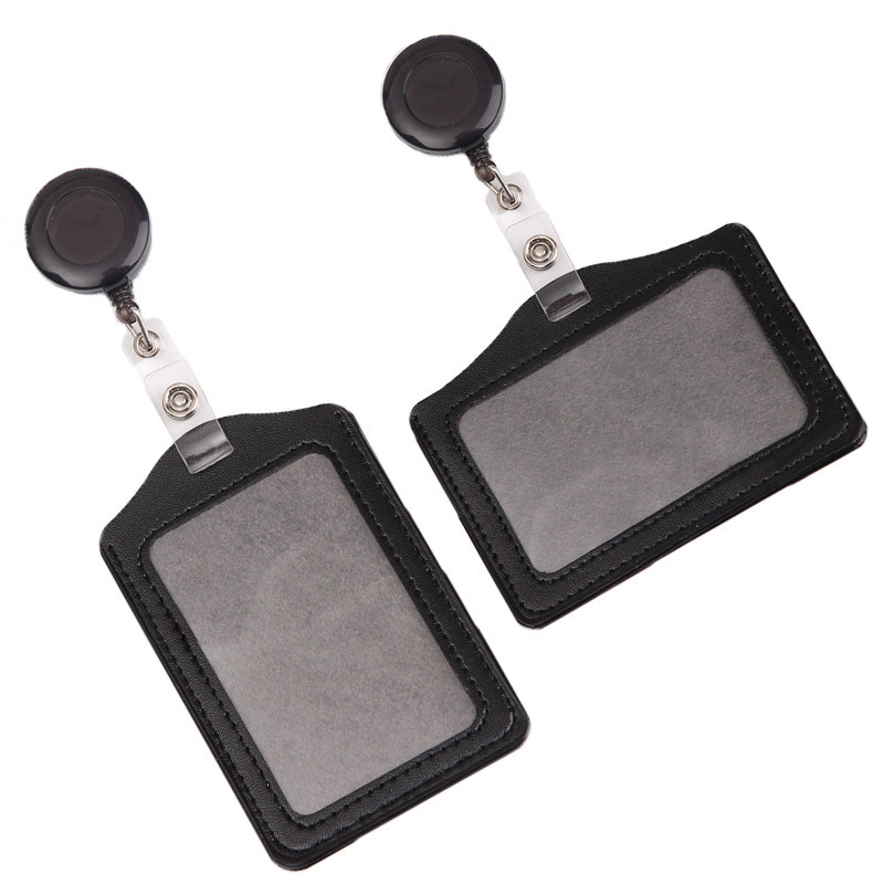 Portable Telescopic Buckle ID Card Case School Office Classic Black PU ...