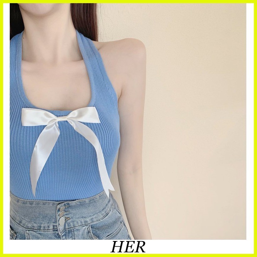 Bowknot Ribbon Cropped Knit Camisole for Women Korean Sweet Sando ...