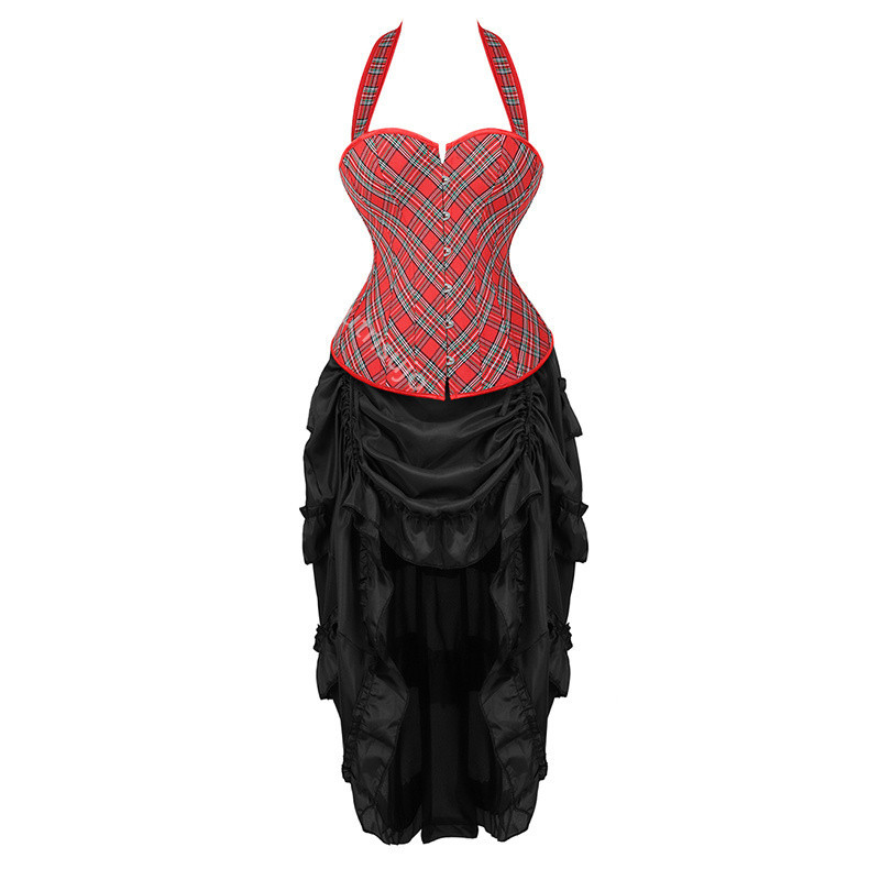 Red Corset Dress With Plaid Bustier Skirt Set Lrregular Asymmetry Top 