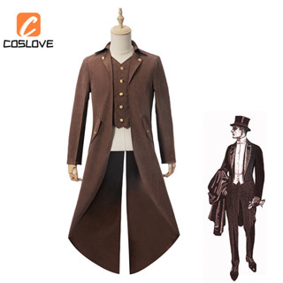 5 Pcs Men's Steampunk Vintage Tailcoat Jacket Gothic Victorian Uniform  Halloween Costume Set Top Hat Gold Walking Cane