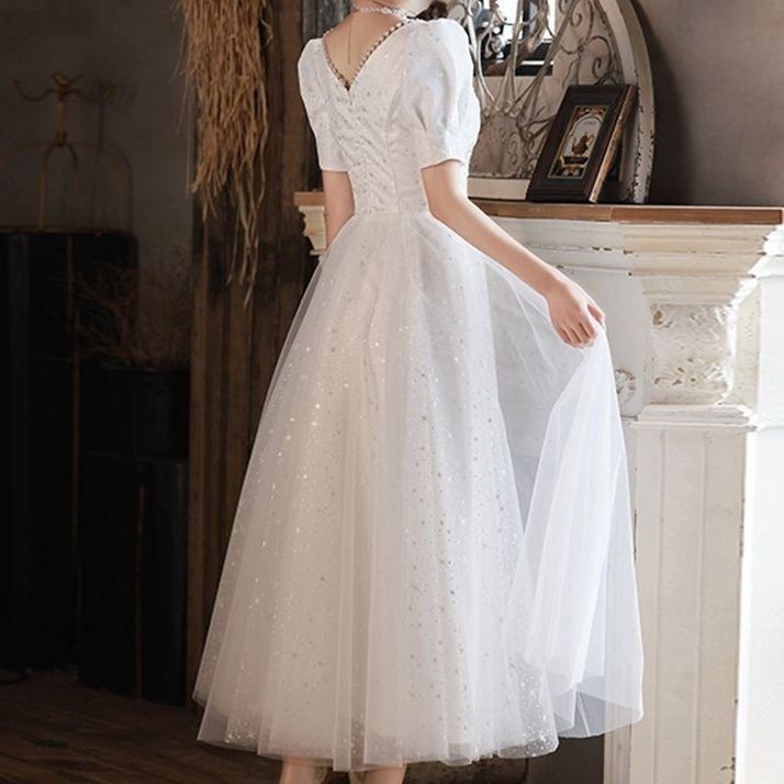 Hawlife Korean White Puff Sleeve Civil Wedding Prom Cocktal Debut Ball ...