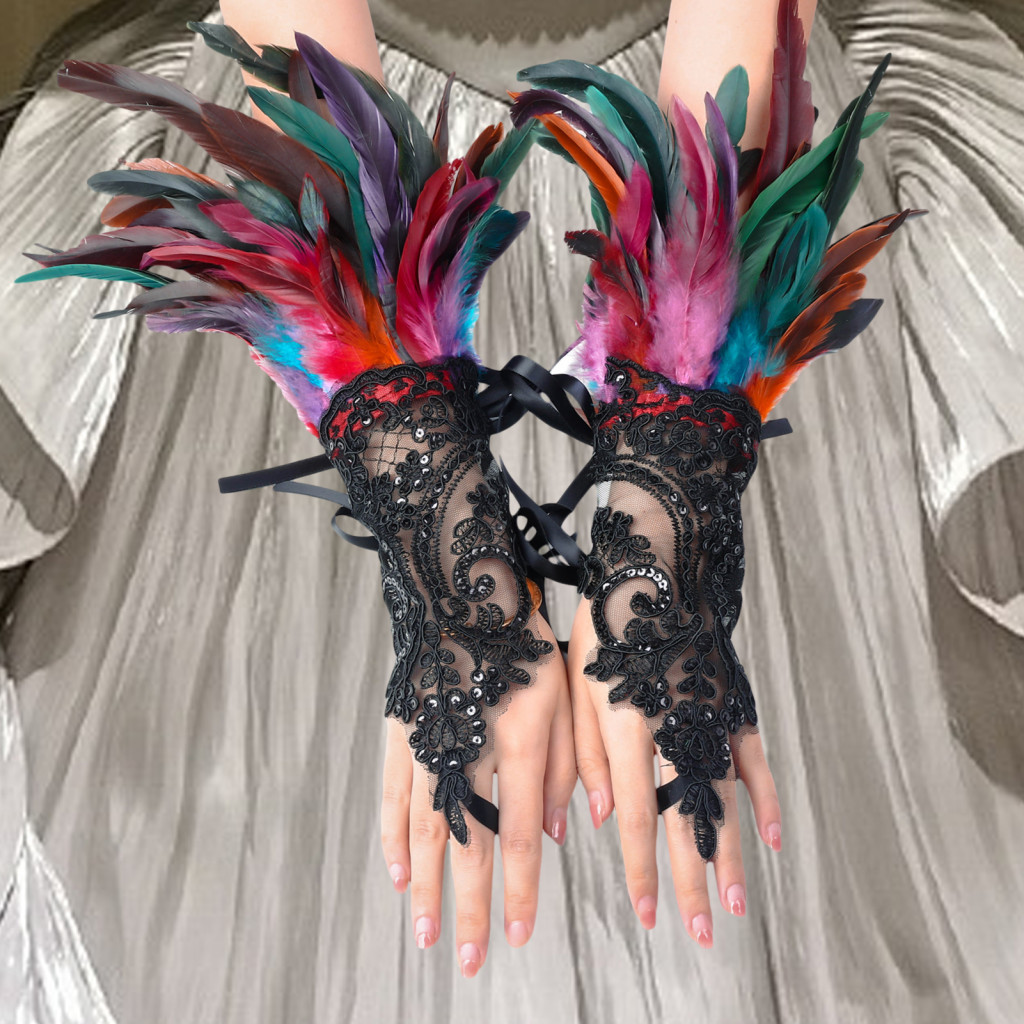 Ribbon Tie Gloves Lace Bracelet Sleeve Sexy Lace Feather Long Gloves