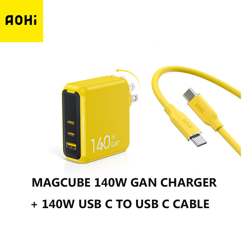 AOHI Magcube Chargeur GaN 140W PD3.1 - 3 Ports (USB-C/USB-A) Pour MacBook, IPhone, Galaxy - Jaune