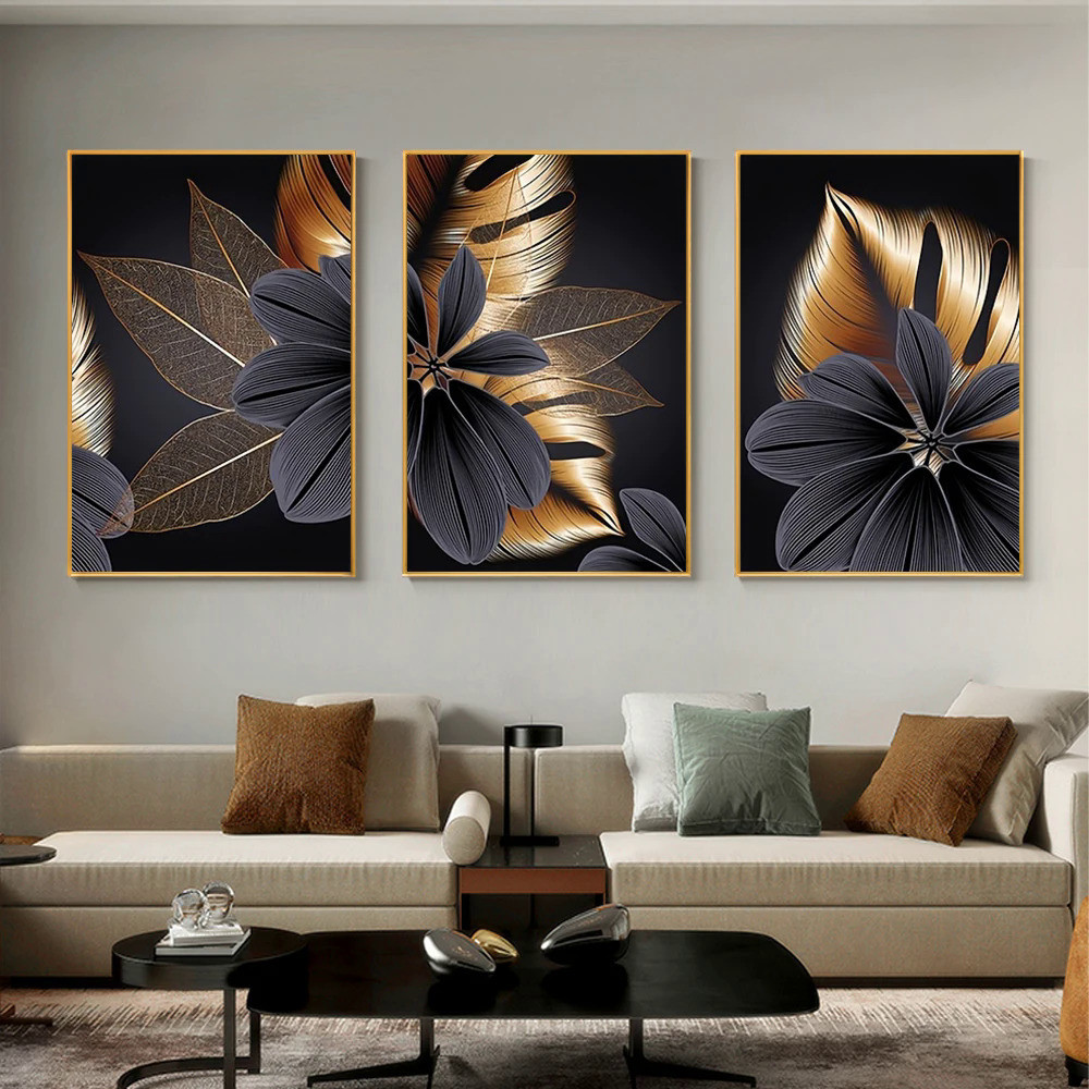 3pcs Frameless Black Golden Plant Leaf Canvas Painting Abstract Wall ...