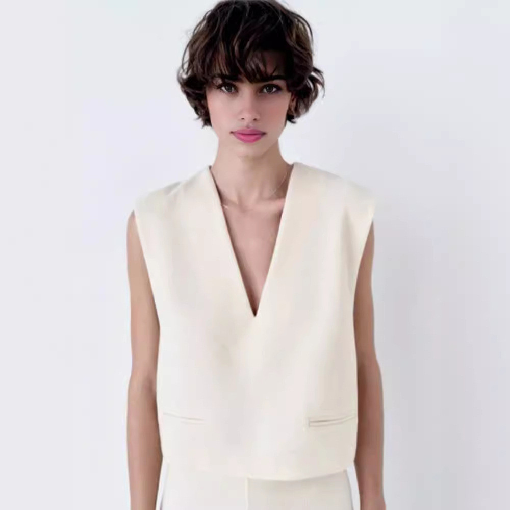 2024 Spring New Deep V Solid Casual Style Simple Vest Girl | Shopee ...