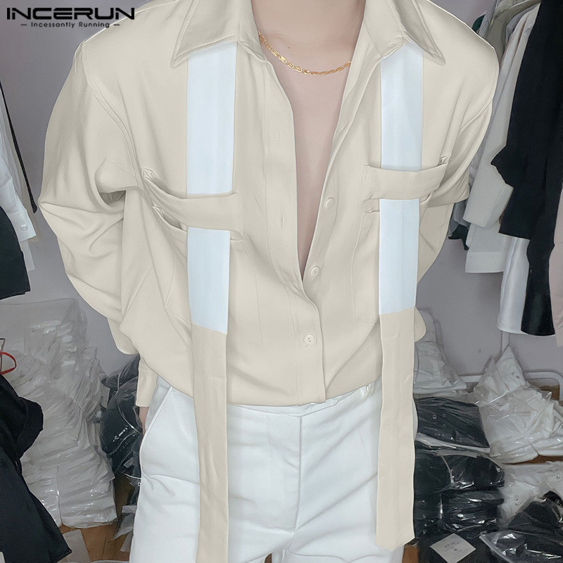 INCERUN Men Korean Fashion Patchwork Ribbon Long Sleeve Design Shirts ...