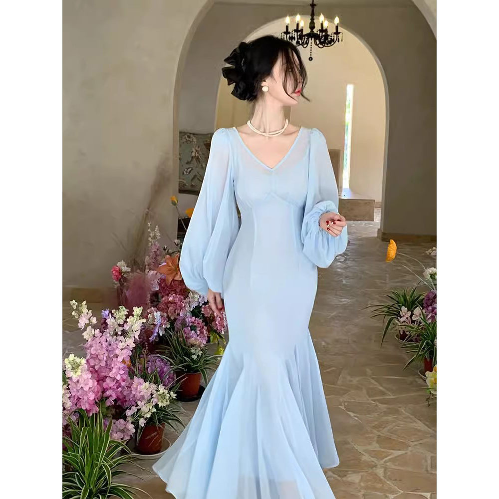 Hawlife Korean White Blue Green Retro Elegant Puff Sleeve Long Boho ...