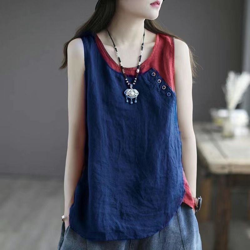 Vest Women's Cotton and Linen Loose Sling Thin Asymmetric Top Fastener ...