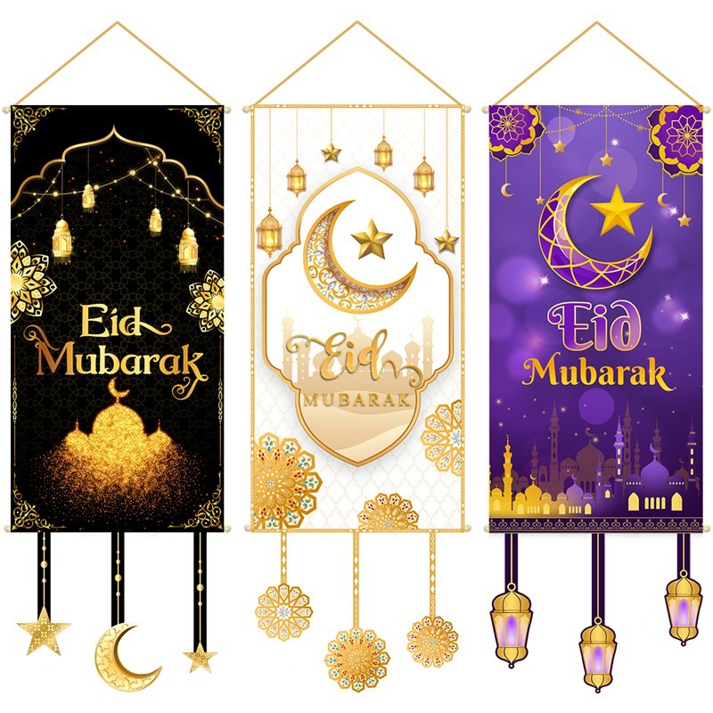 100*40cm Eid Mubarak Hanging Flag Polyester White Purple Moon Star Eid ...