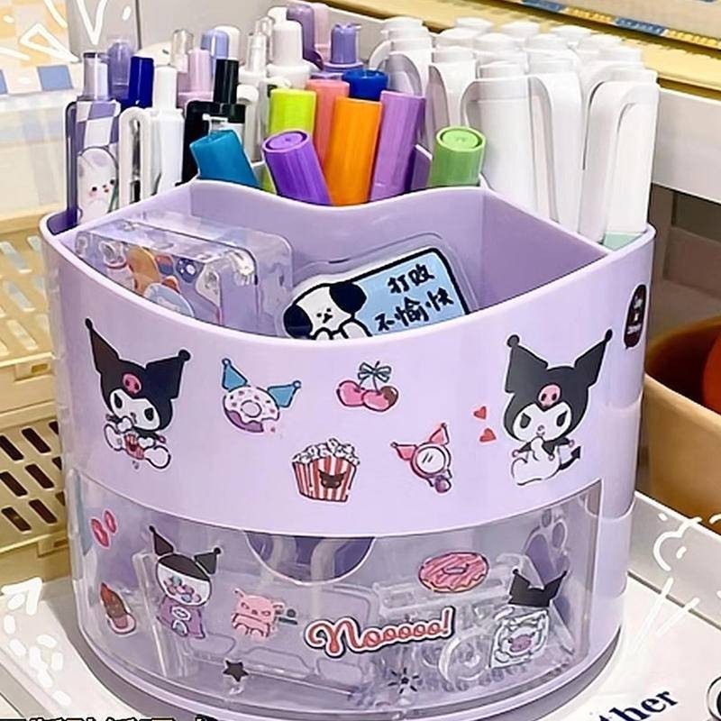 2024 Sanrio Rotating Pen Holder Storage Box Desk Organizer mymelody Kuromi  Cinnamoroll Pochacco Pom Pom Purin Stickers Cute Stationery Storage Girls