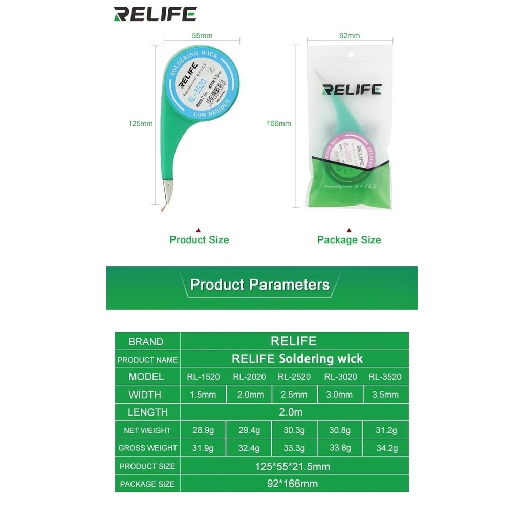 RELIFE Solder Wick No-Clean Copper Desoldering Braid Low Residue Tin ...