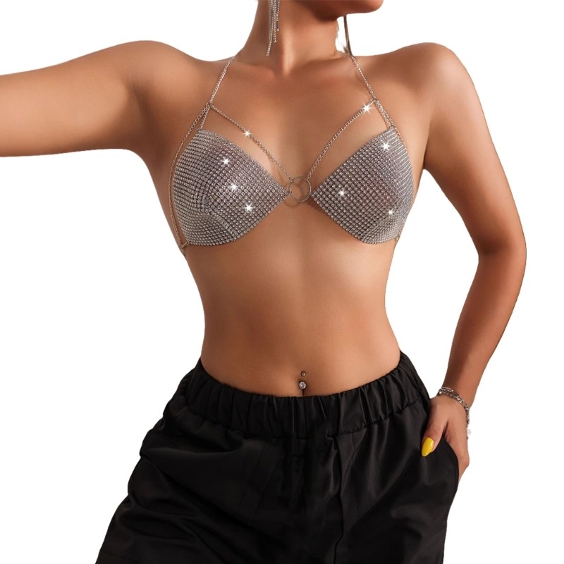 YOO Rhinestones Fishnet Bra Crystal Body Chain Sparkling Crop Nightclub ...