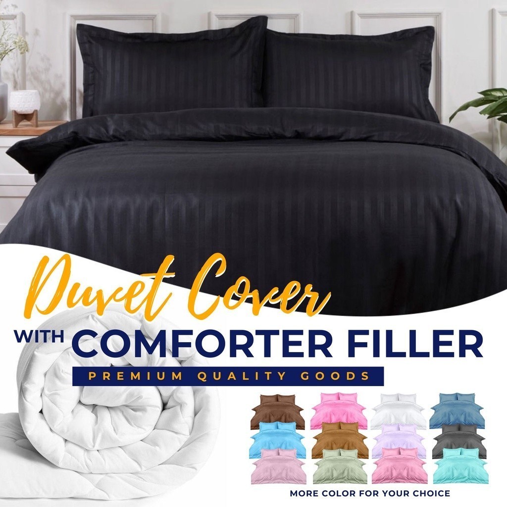 CLEVERJJ 2in1 Plain Stripe Duvet/Quilt Cover w/ White Comforter/Duvet Filler Comforters Shopee