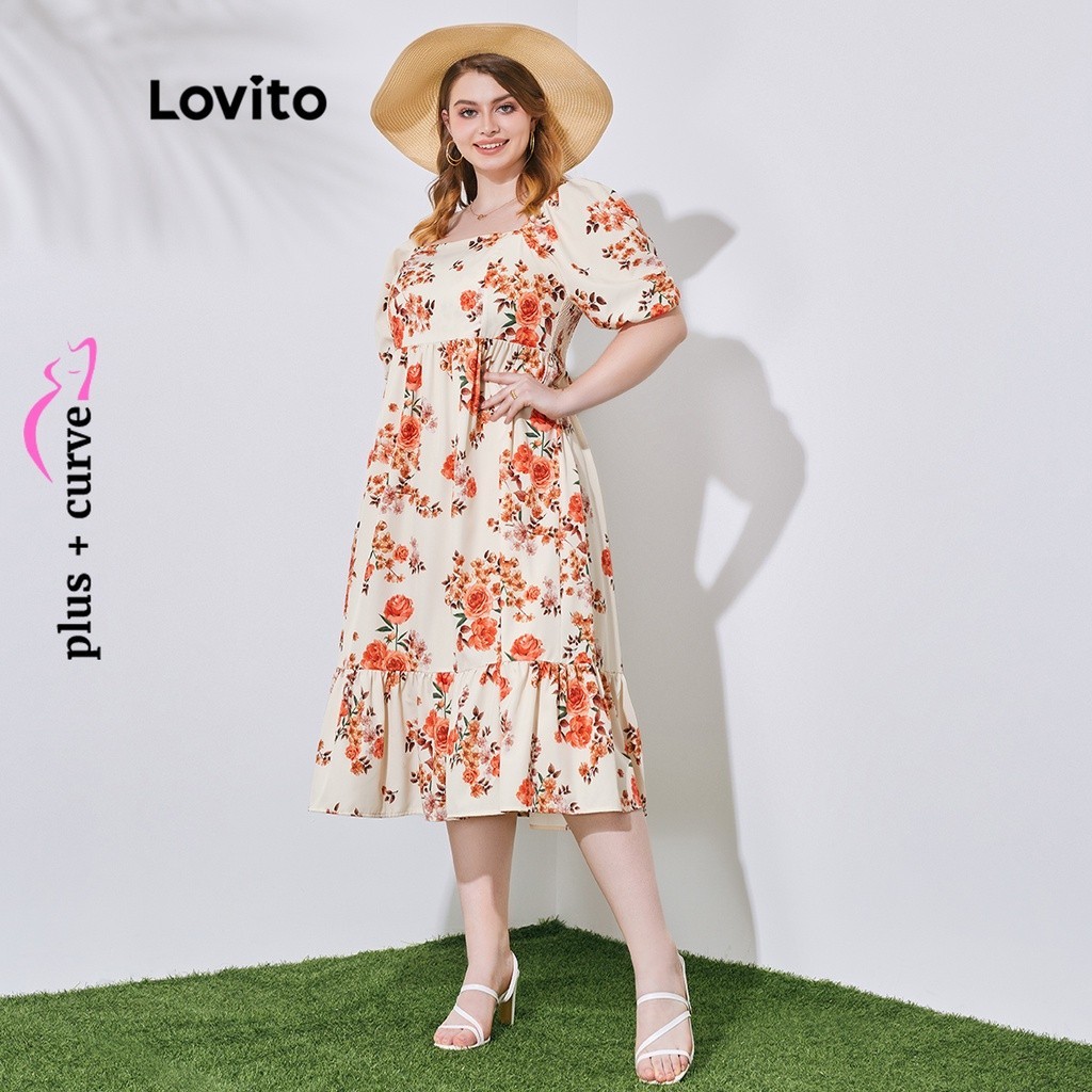 Lovito Plus Size Curve Boho Floral Ruffle Hem Ruched Puff Sleeve Elastic Waisted Dress For Women