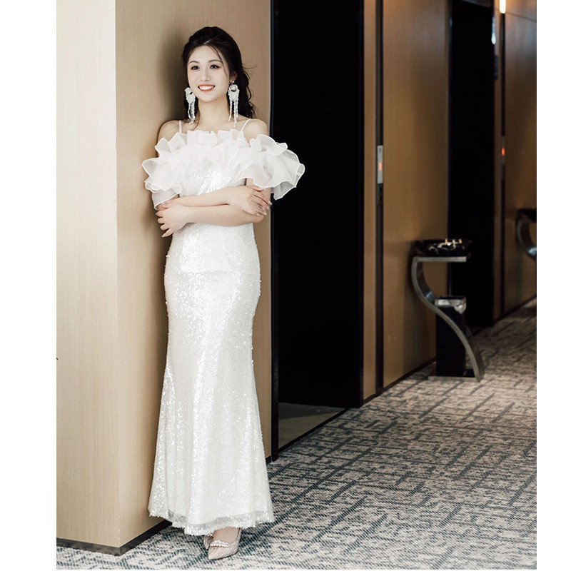 A Sequined Toast Dress Bride2024New Elegant off-Shoulder Fishtail ...