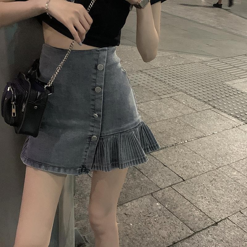 Ruffled High Waist Hot Girl Denim Short Skirt Women Anti Glare Pleated