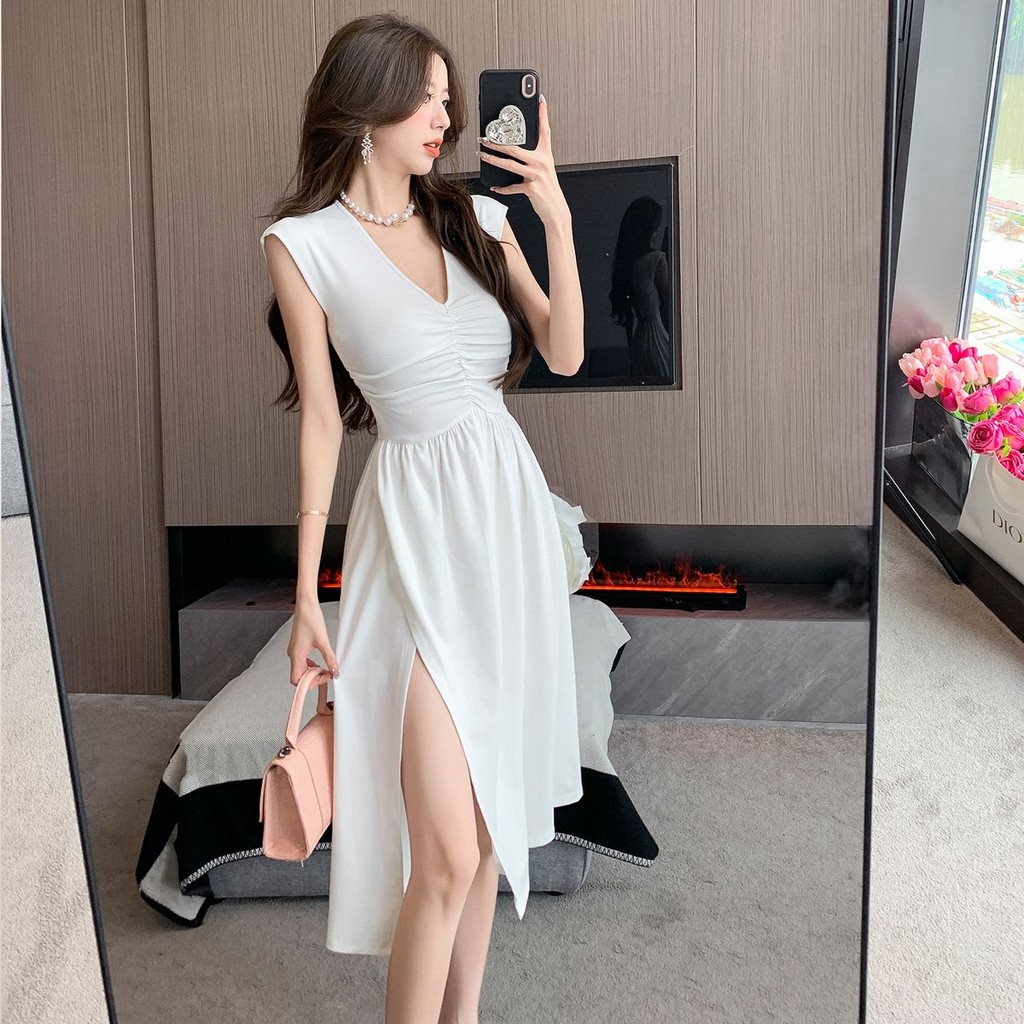 Korean White Elegant Civil Wedding Evening Cocktail Graduation Split ...