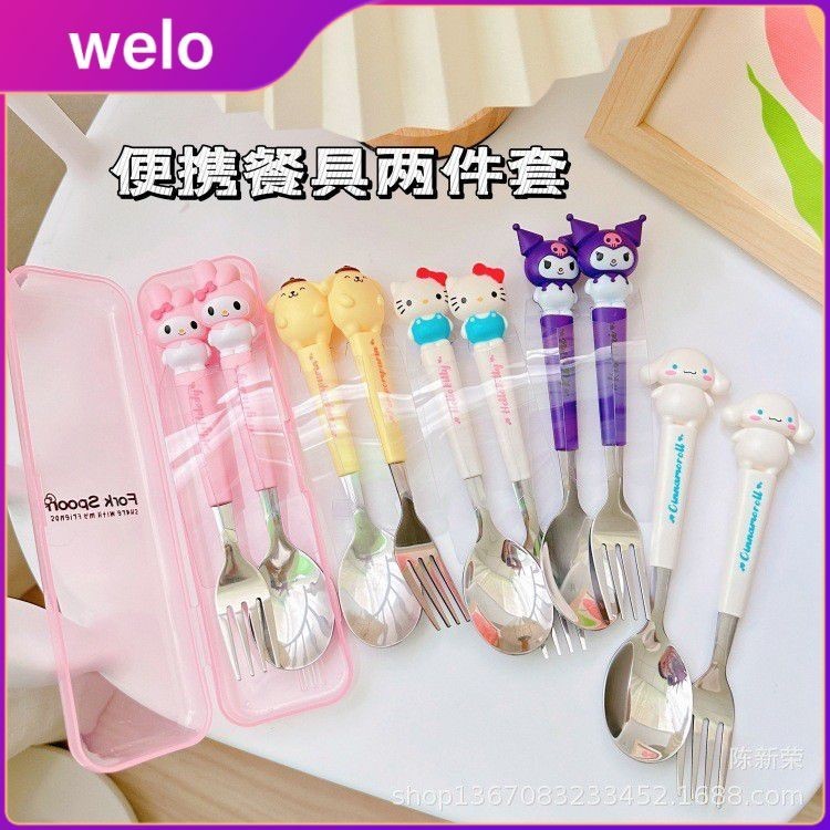 WELO 2pcs/set Sanrio Cutlery With Box Cute Cinnamoroll Melody Kuromi ...