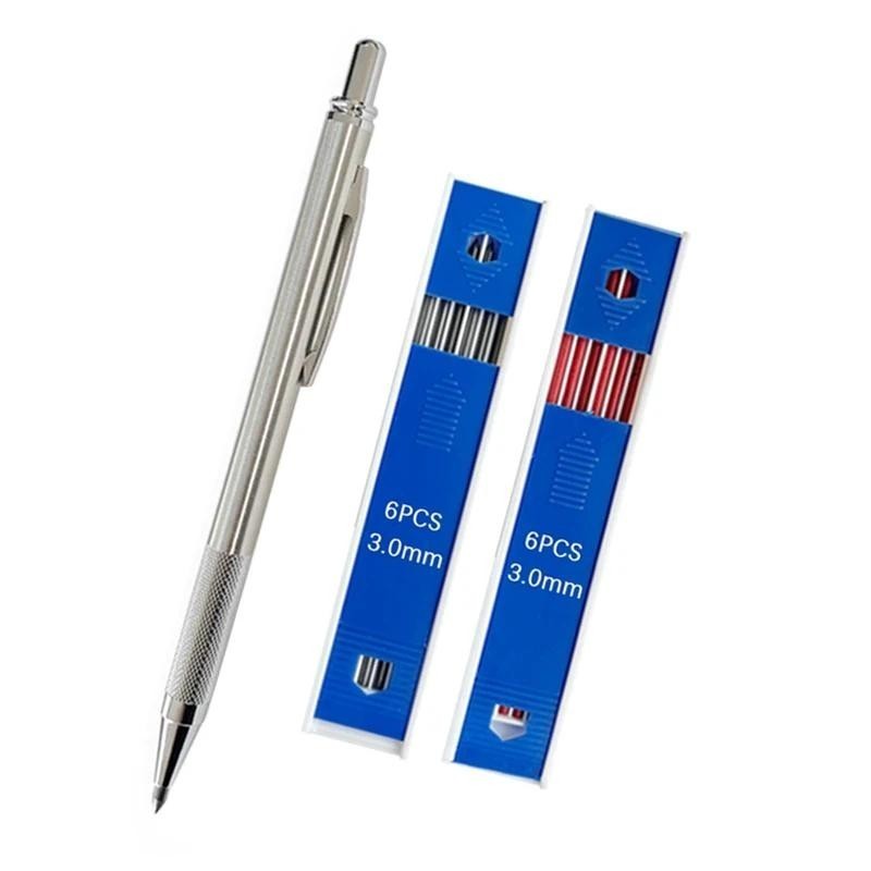3,0 Mm Druckbleistift Set – Edelstahl-Metall-Bleistift Mit Roten & Grauen Minen, Für Skizzen & Kunst