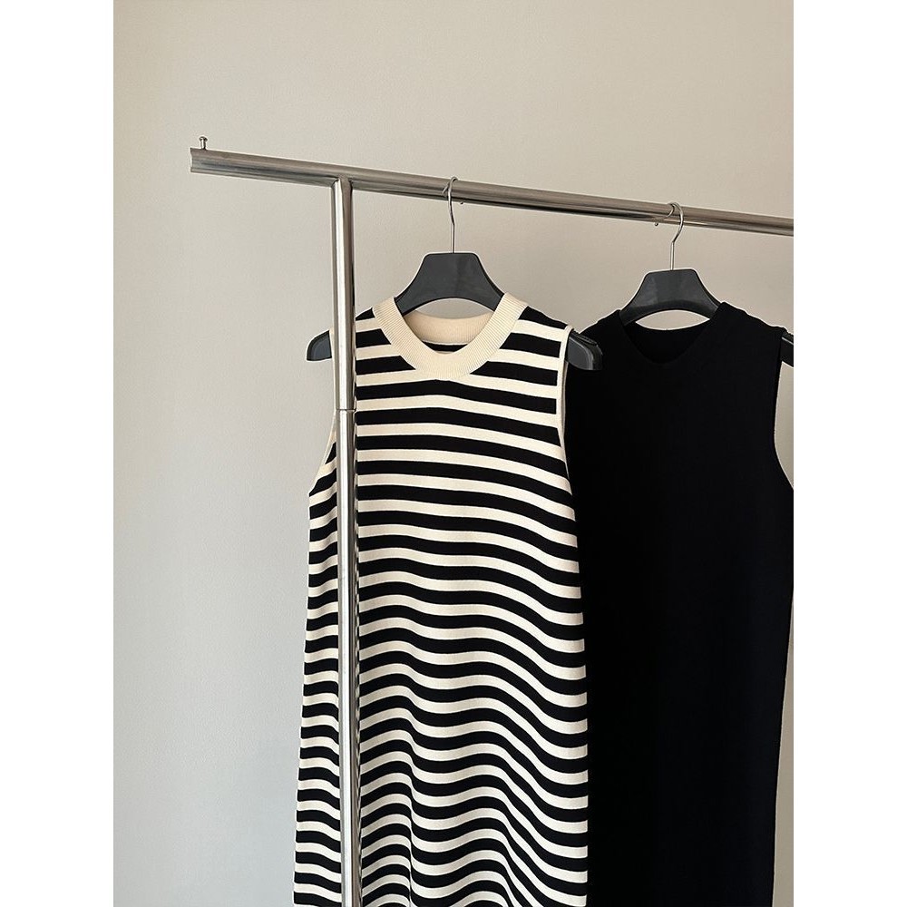Korean Contrast Color Striped Knitted Sleeveless Vest Dress Women's ...