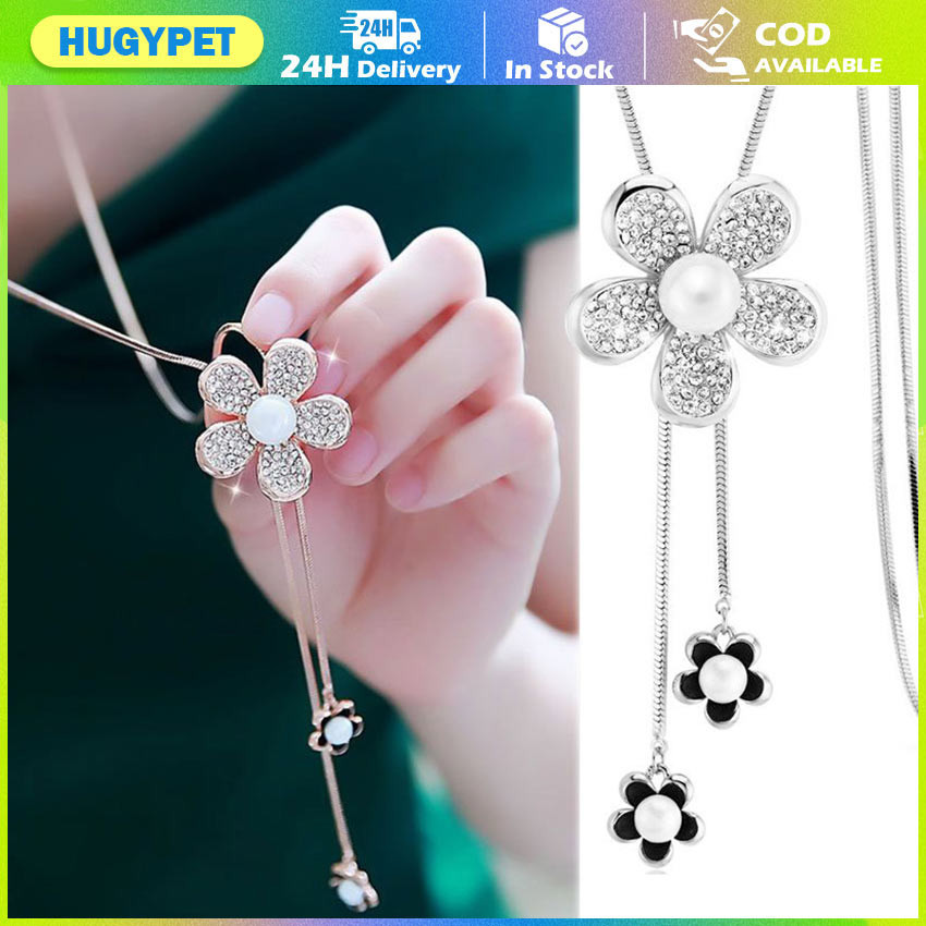 Zircon Flower Long Necklace Block Sweater Chain Fashion Metal Adjusted ...