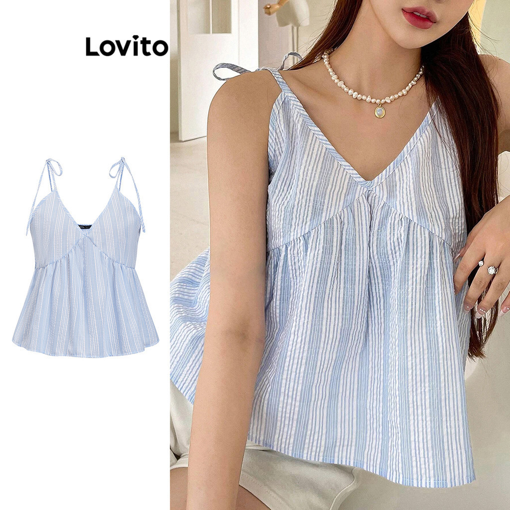 Lovito Women Boho Striped Structure Line Pleated Tank Top L80ed170