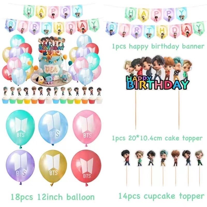 BTS BT21 Party Decorations Set Banner Latex Balloons Cake Topper ...