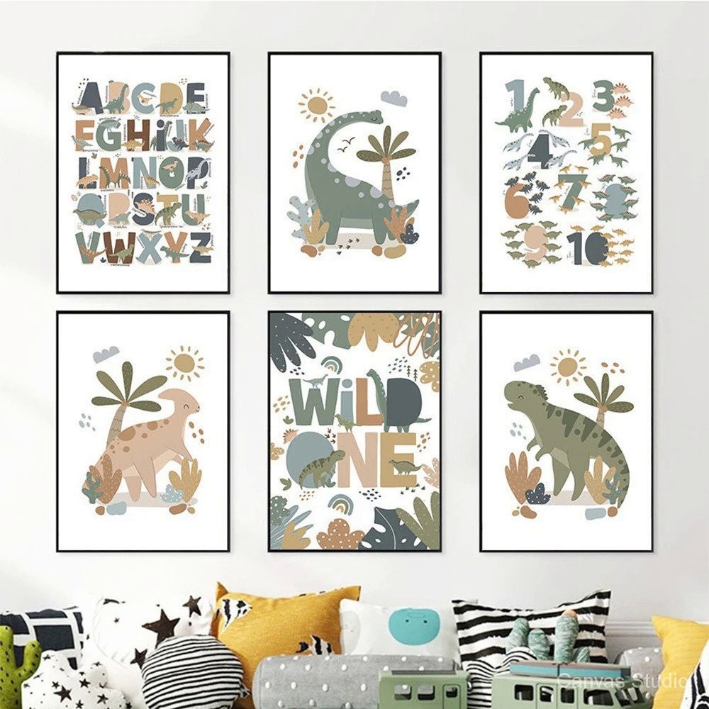 Nordic Cute Baby Dinosaur Wall Art Canvas Painting Alphabet Number ...