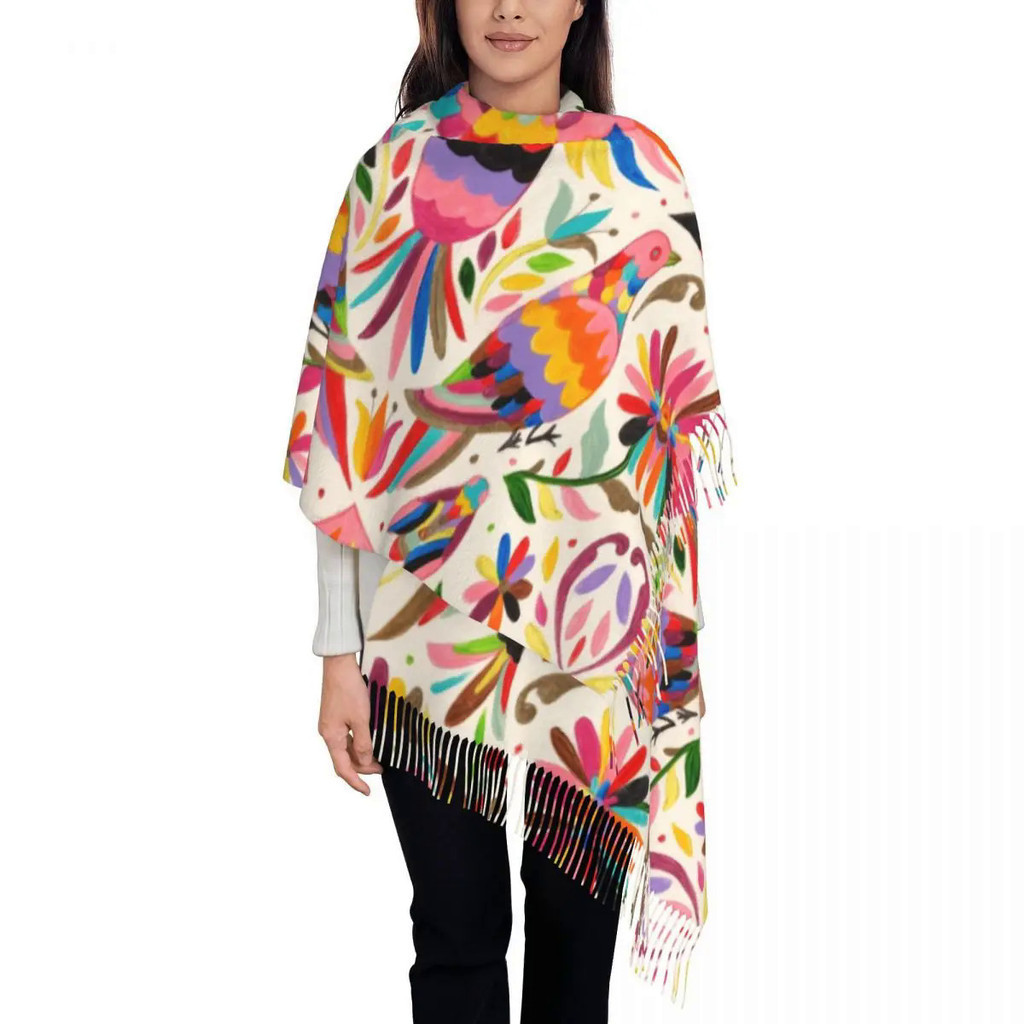 Mexican Otomi Birds Scarf Wrap for Women Long Winter Warm Tassel Shawl  Unisex Flowers Floral Mexico Scarves
