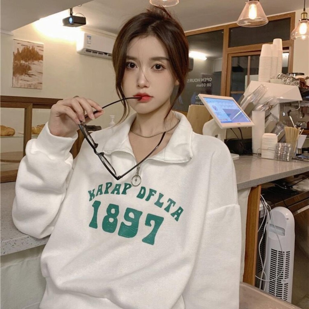 VELIN M-2XL Sweater For Women Korean Letter Printed Long Sleeve Crop Top  Casual Half Zip Sweatshirt
